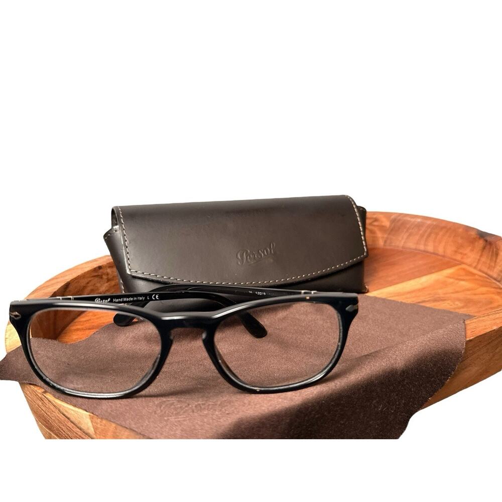 PERSOL BLACK EYEGLASSES FRAMES ~ 5.2 x 1.9 X 14.5 cm w/ Original Leather Case